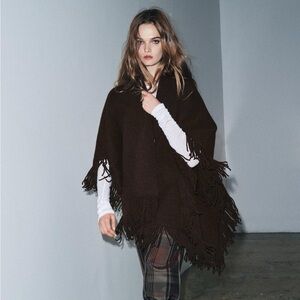 Zara Dark Brown Fringe Poncho Sweater Cape Shawl Coat Jacket Wool NWT